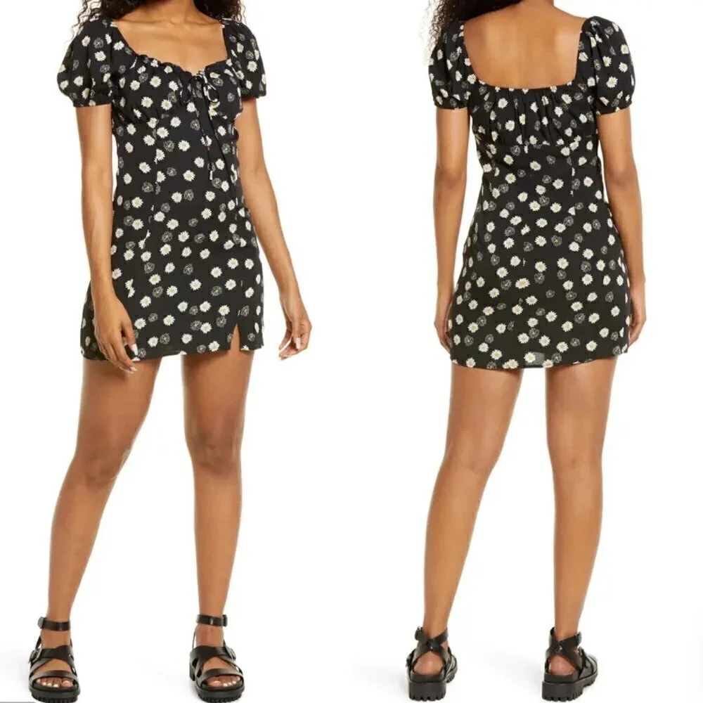 BP Women's NWOT Black Bohemian Y2K Cottage Ditsy Floral Tie Front Mini Dress 3X